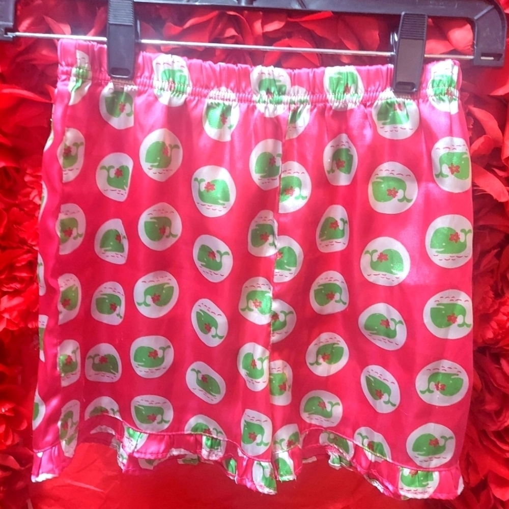 Girls Pajama Shorts Size 12 Hot Pink and White with green whales Flame Resistant